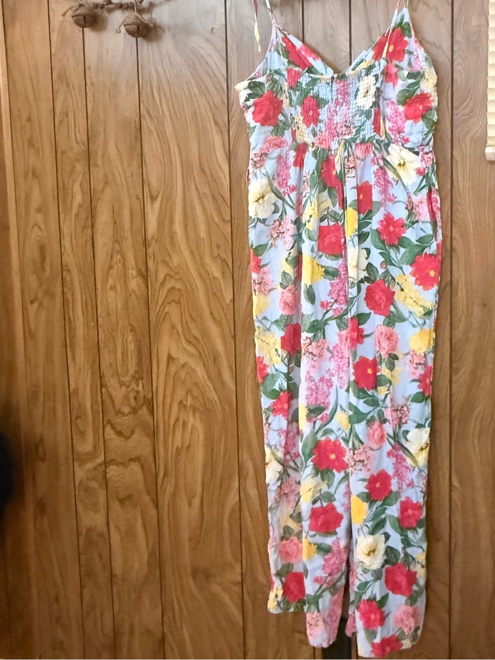 Old Navy Floral Linen Blend Wide Leg Jumpsuit Tie Straps Size Large